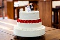 White wedding cake with bride and groom figurines on top Royalty Free Stock Photo